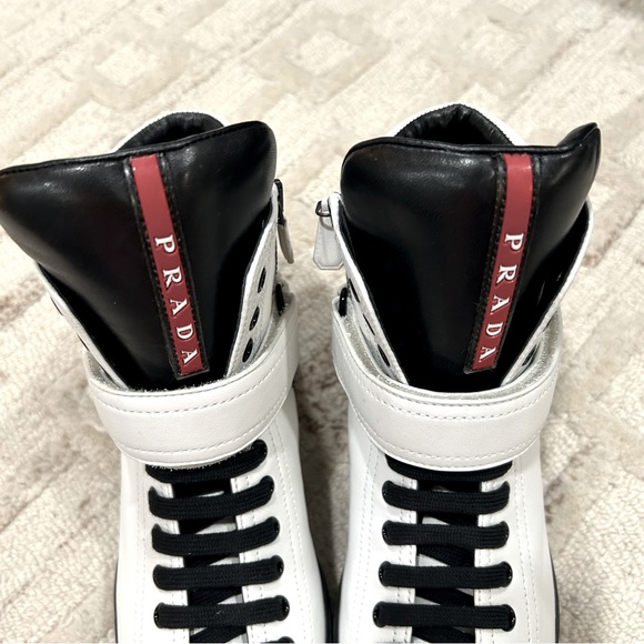 NIB Authentic Prada Nappa Sports Laceup High Top Leather Sneakers White 38 - Picture 6 of 11